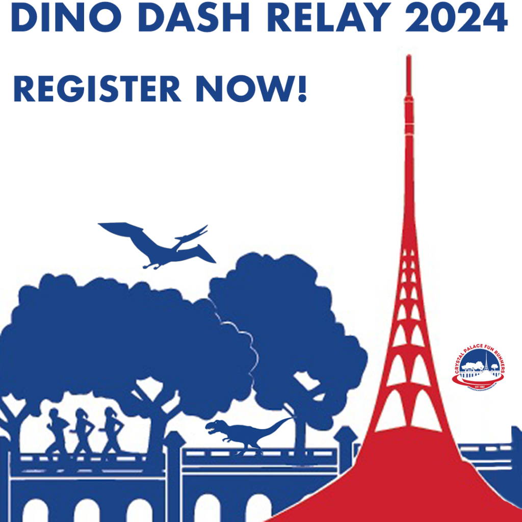 Cartoon pterodactyl in front of Crystal Palace Tower. Text reads Register Now for Dino Dash 2024